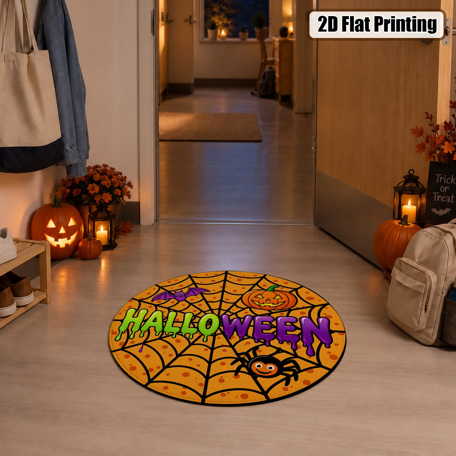 Halloween Spider Web Pumpkin Bat Spider Pattern Round Velvet Rug, Machine Washable Soft Floor Mat for Entryway Living Room Bedroom Kitchen, Decor for Halloween Thanksgiving Christmas New Year Black Friday Cyber Monday