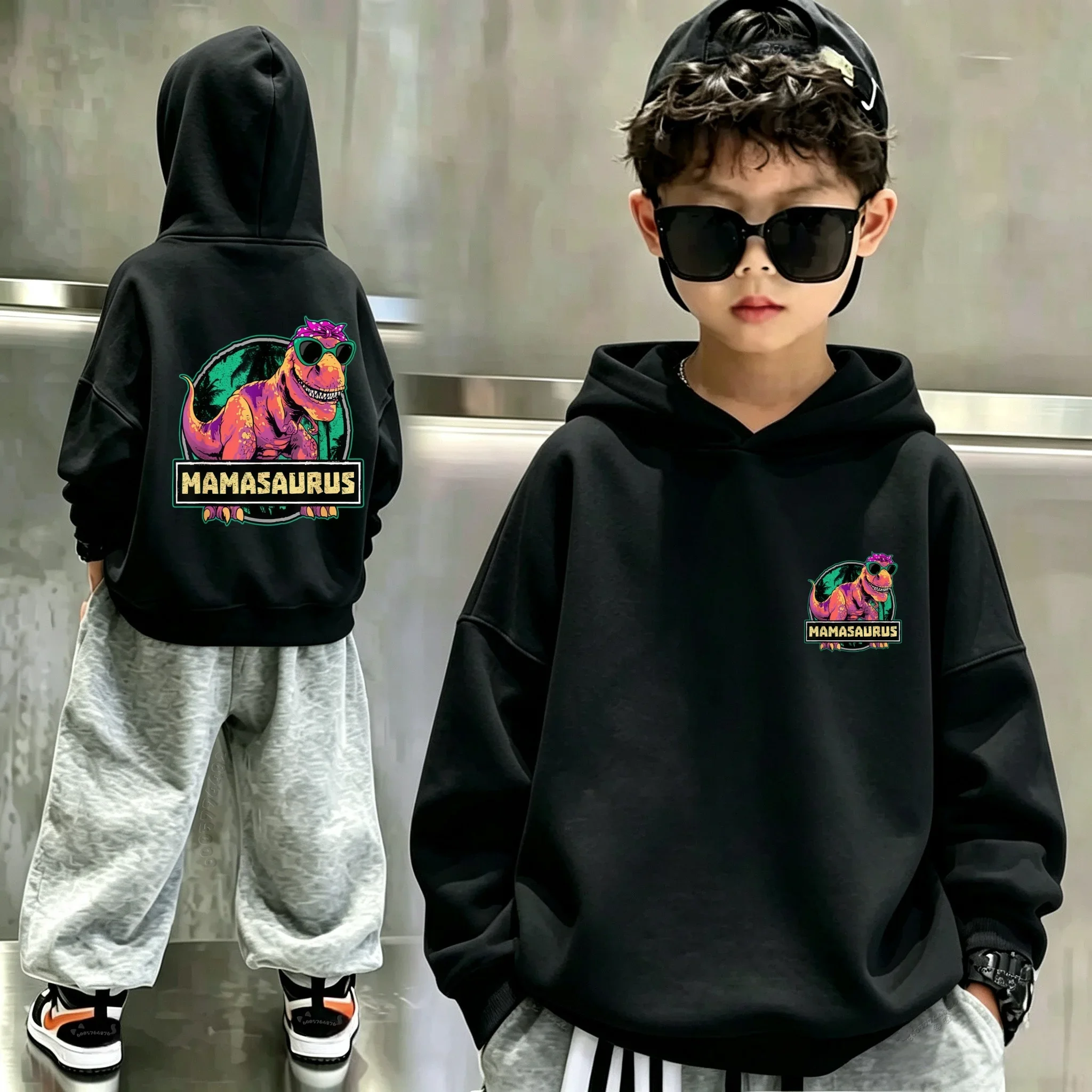 Y2K Vintage Tyrannosaurus Rex Double-sided Pattern Hooded Sweatshirt for Boys and Girls-loose Fit Children's Hooded Sports Shirt