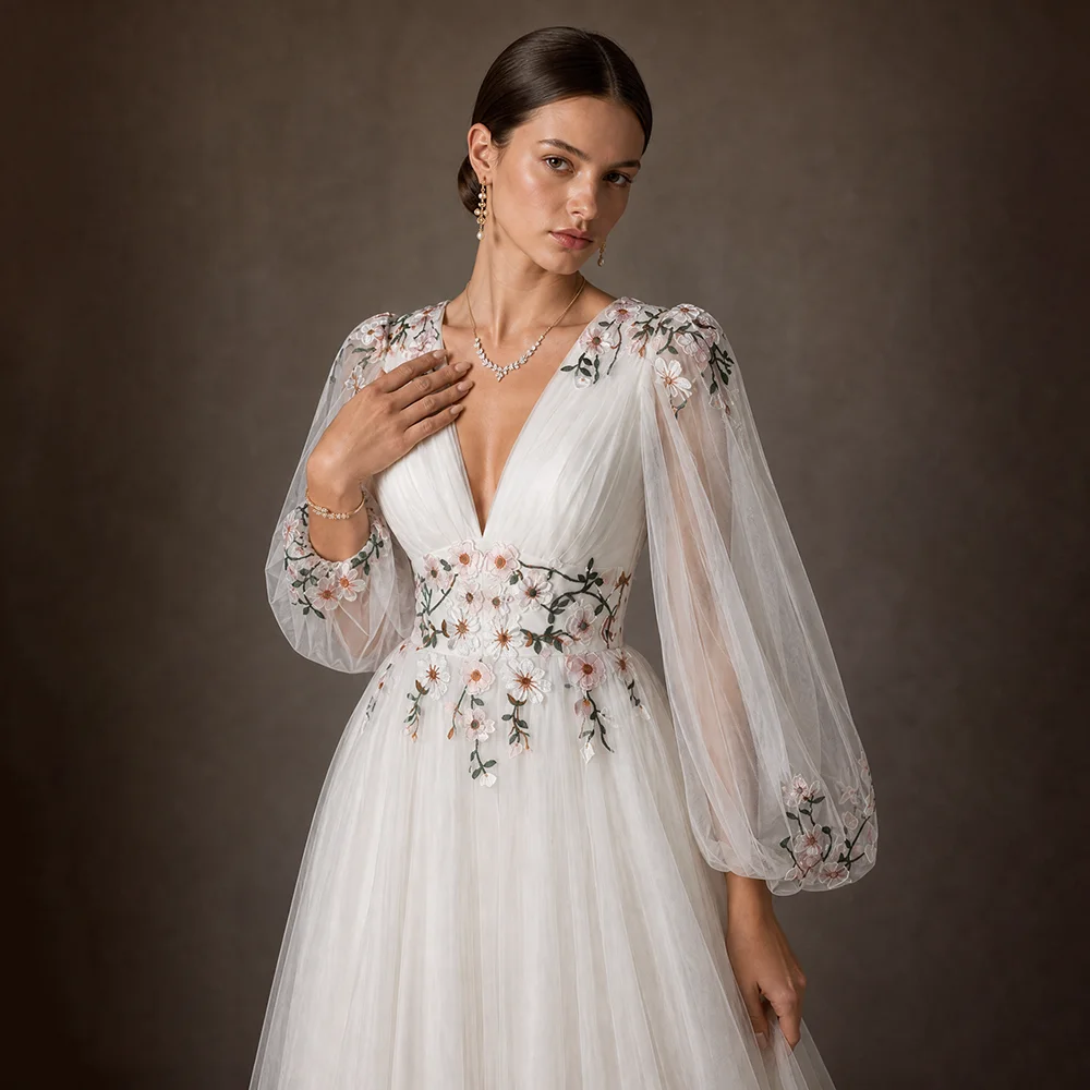 Long Bishop Sleeves A Line Colorful Wedding Dress V Neck Lacing Corset Embroidered Flowers Plus Size Real Photos Bridal Gowns