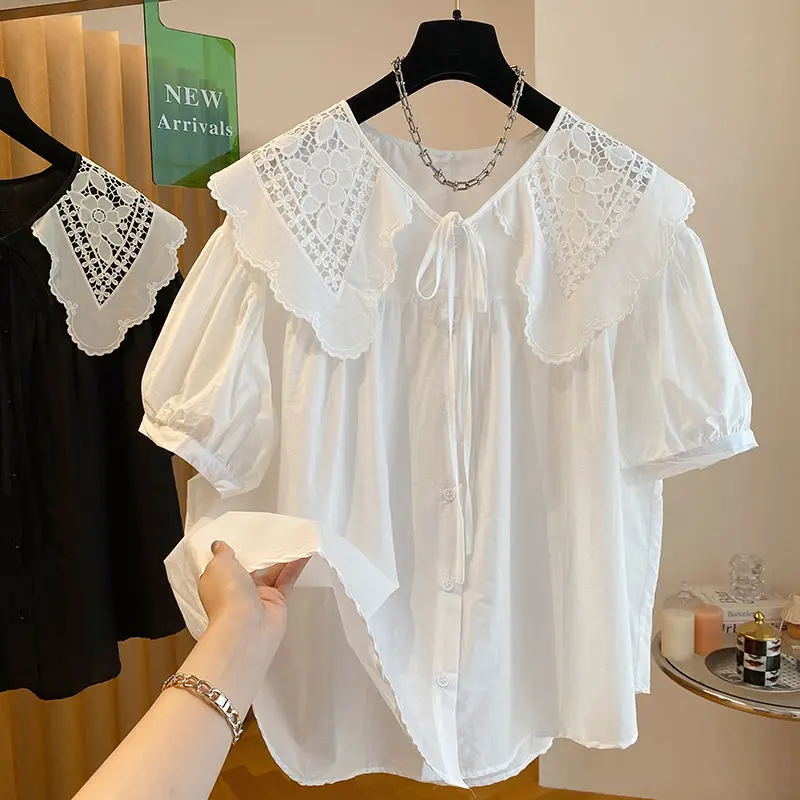 Hollow lace embroidered doll collar lace up shirt for women's spring 2024 new Korean loose fit slimming top blusas de mujer