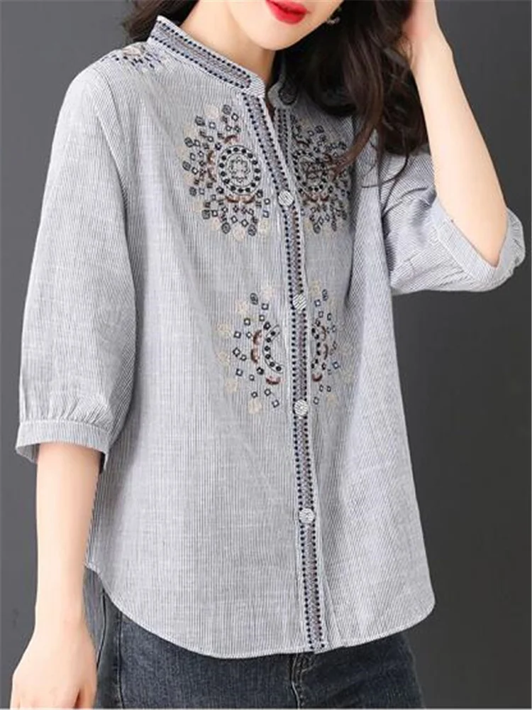 Cotton Embroidery Shirt Women\'s Blouses Three quarter Sleeve Fashion Versatile Loose Top Summer OL Femme Blusas O-neck Shirt