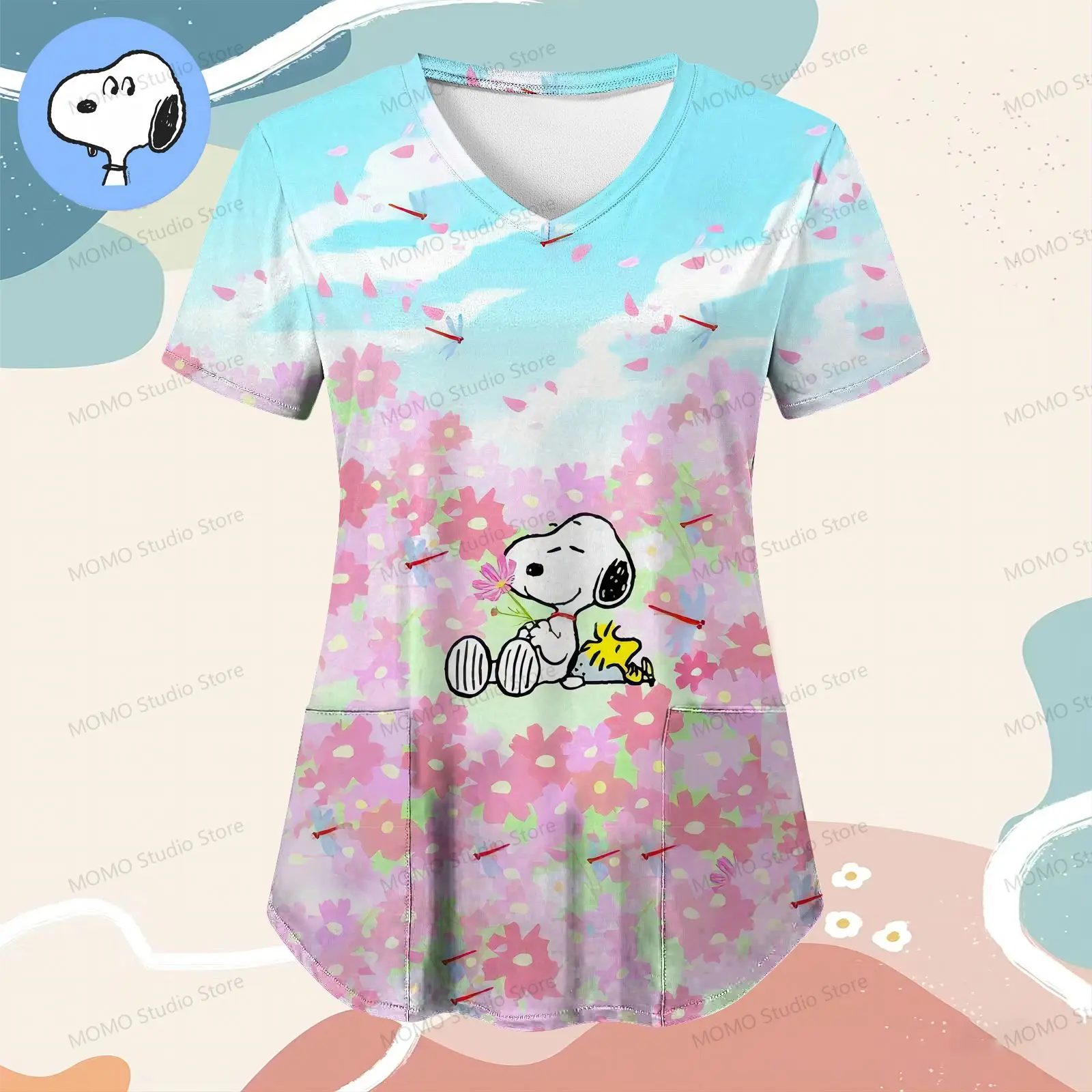 

2024 Streetwear S-2XL Lovely Women's Nurse Uniform T-Shirt Kawaii Snoopy Tops Anime Hot Sale Pocket Short Sleeve Summer Y2k Top