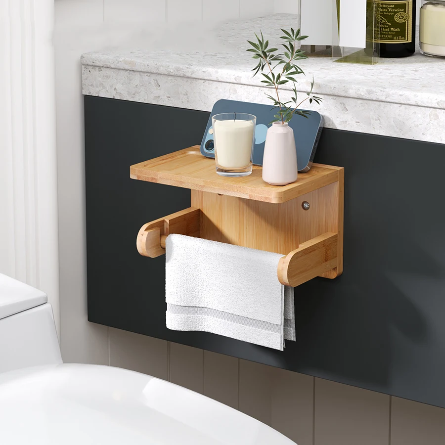 

Держатель для туалетной бумаги с полкой-органайзером, настенное крепление, держатель для рулона туалетной бумаги, бамбуковый для отеля, ванной комнаты, туалета