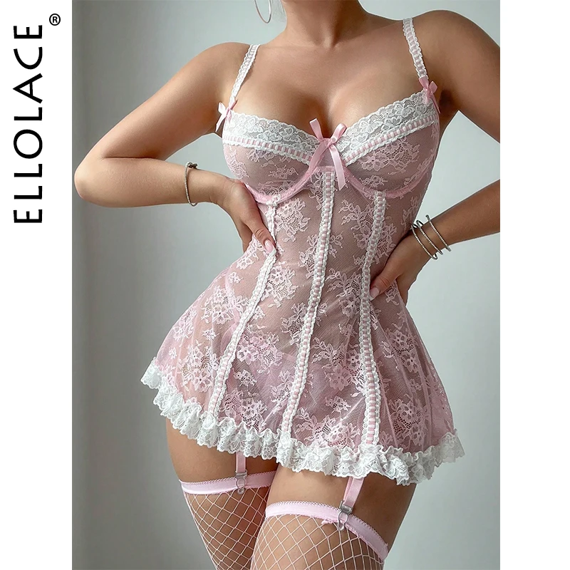 

Ellolace Sexy Ligeries Lace Dress See-Through Fantasy Mini Dresses With Stocking Sissy Night Call Sweet Girl Nightdress