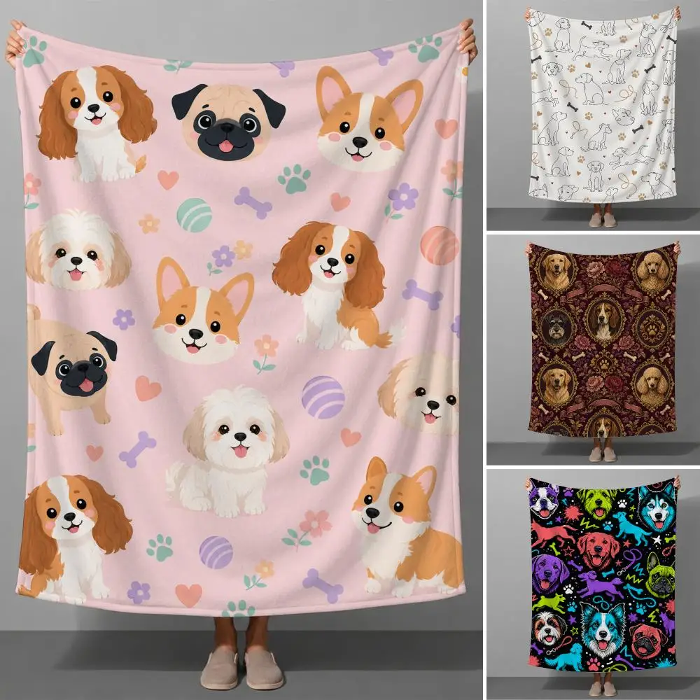Cute Puppy And Bone Pet Cartoon Pattern Aesthetic Throw Soft Flannel Throw Blanket for Couch Bed Sofa Warm Cozy All Season