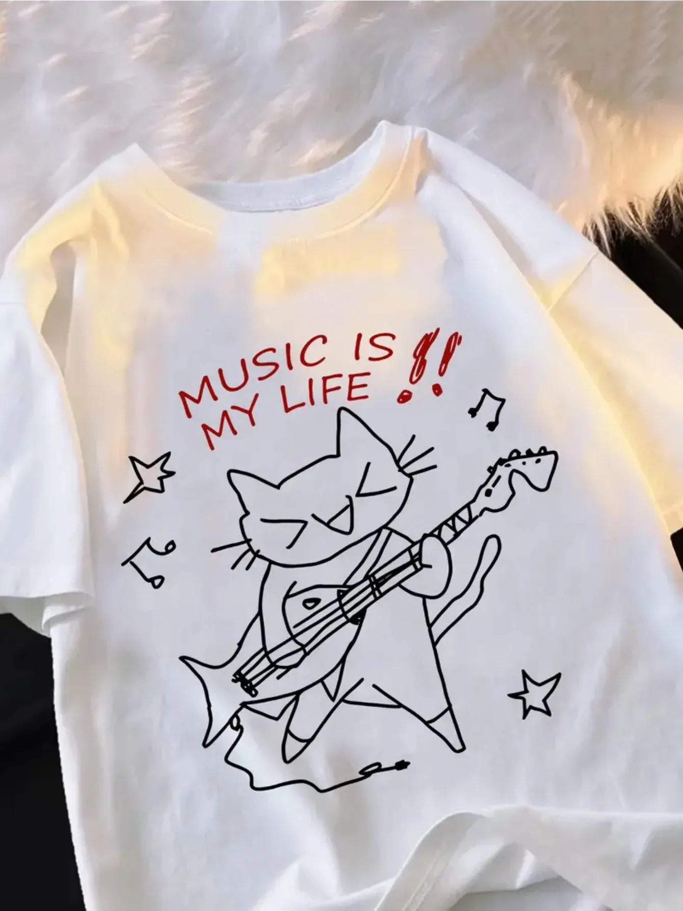 

Music Is My Life" Cat Graphic Tee Breathable Moisture-Wicking Comfort Fit Crew Neck T-Shirt for Women Cute Tshirt