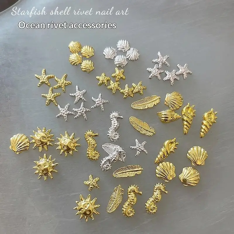 Shiny 3D Nail Charms Mini Pure Gold Seahorse Shell 500Pcs Copper Slices for DIY Manicure Home Salon Use