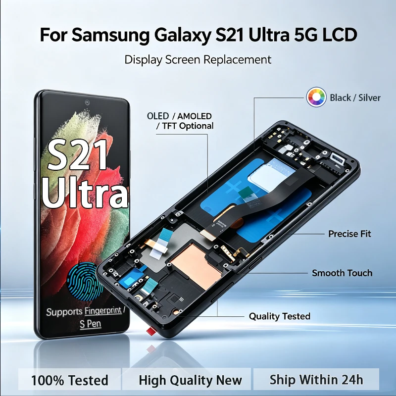 S21UNew For Samsung Galaxy S21 Ultra 5G AMOLED Touch Digitizer LCD Display Assembly Replacement Screen Repair Tested Spare Parts