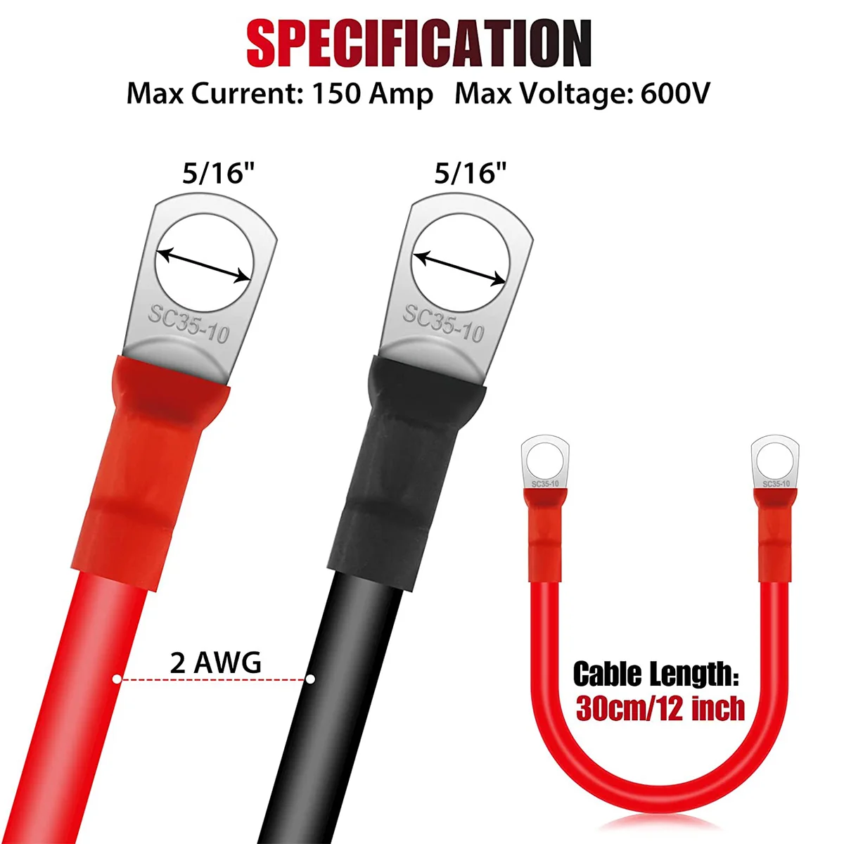 2Pcs Battery Inverter Cable 30cm 12V Copper Auto Battery Cable Waterproof Car Battery Leads for Truck Motorcycle Solar RV Marin