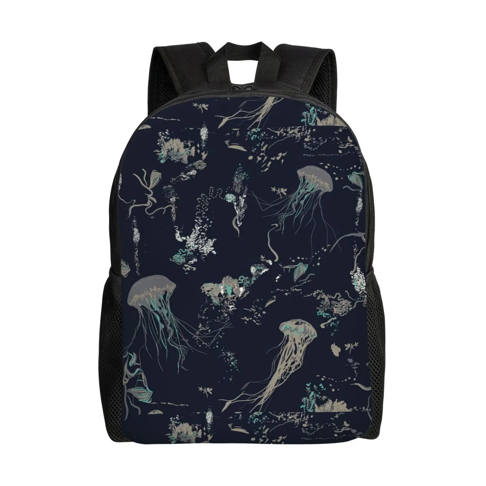 Mochilas ligeras con estampado de medusas para la escuela, morral informal para viaje con botella y bolsillos laterales, multifuncionales