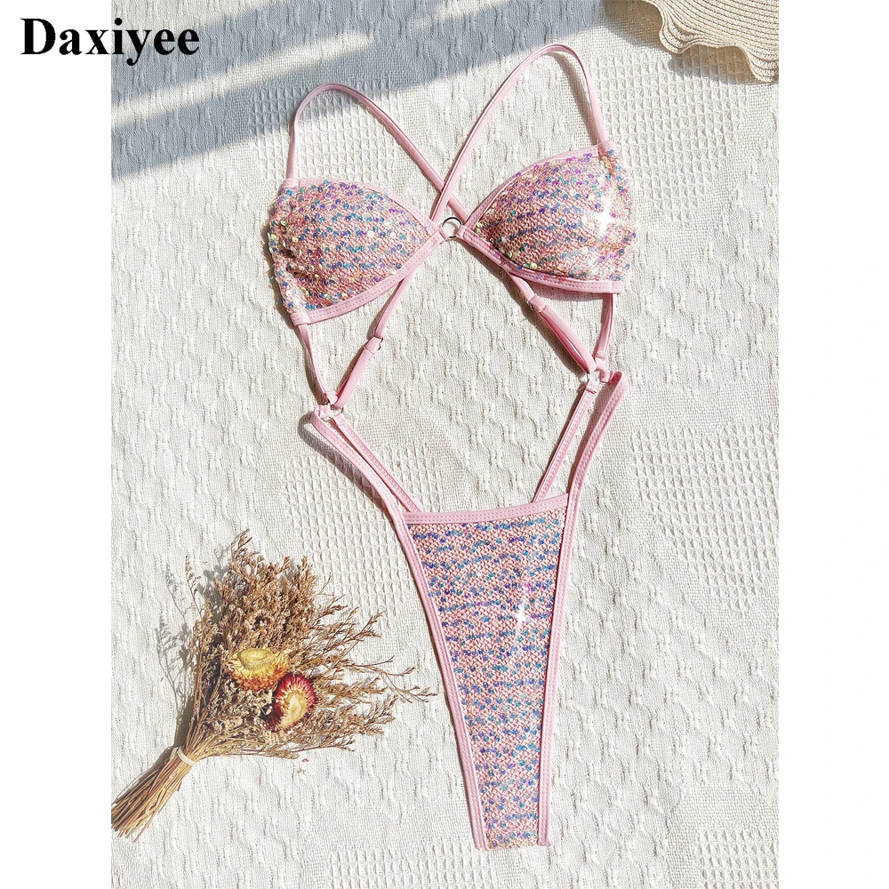 2025 Nuovo sexy scava fuori costume intero micro perizoma mini costumi da bagno donna paillettes lucide patchwork bagnante costume da bagno monokini