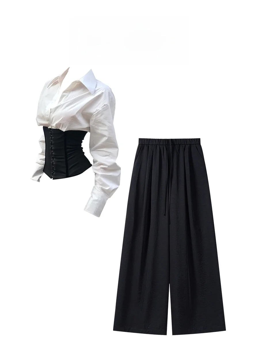 

Parkyeon Korean Style Women's Shirt And High Waist Wide Leg Pants Set Black Early Autumn Fashionable Two-Piece Suit