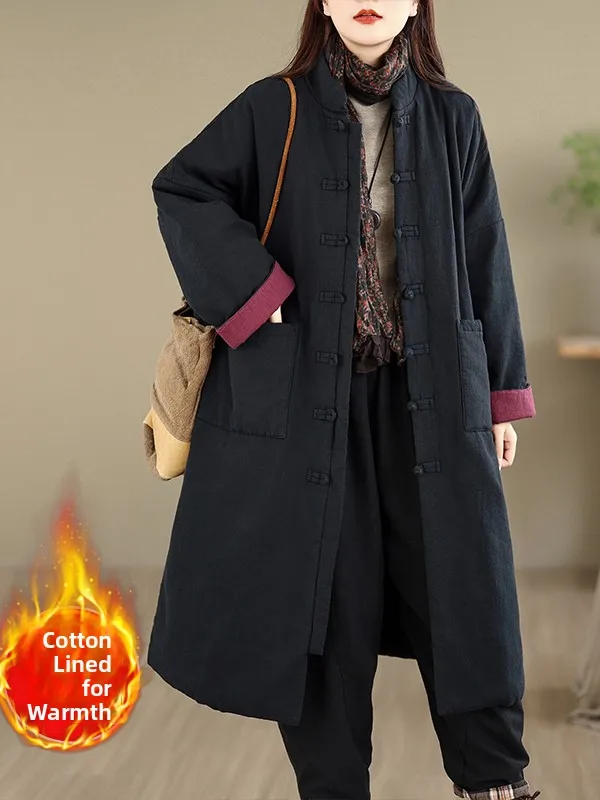 

Новое китайское хлопковое джемтовое женское зимнее теплое винтажное хлопковое пальто средней длины на пуговицах, верхняя одежда