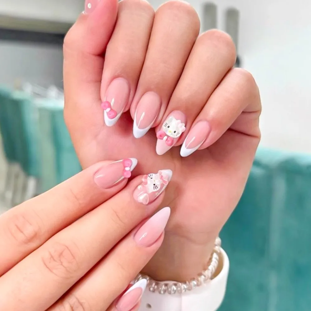 

24 шт., розовый миндаль, французский Hello Kitty Press On Nails, милый мультяшный котенок, бант, накладные ногти Y2k Kawaii, накладные ногти с желейным клеем
