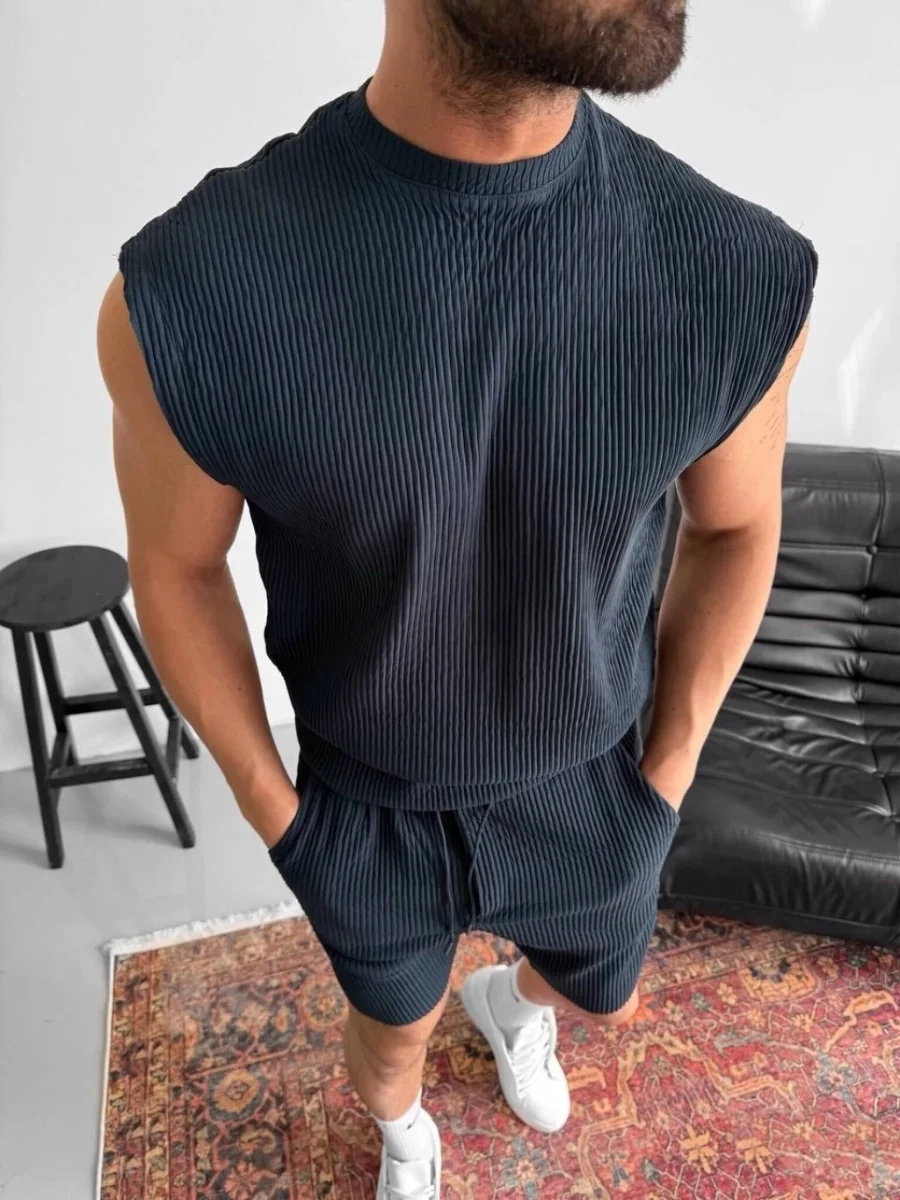 2025 New Men's Round-Neck Corduroy Solid Color Casual Vest & Shorts Set Striped Sleeveless Printed Two-Piece Men Clothing