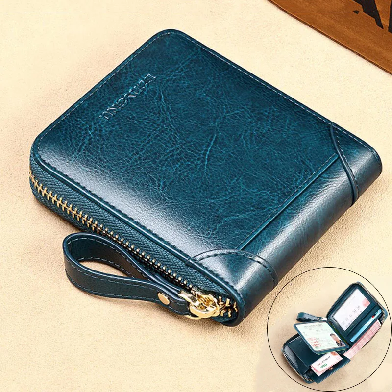 Zipper Wallets for Women Genuine Leather Zipper Purse Short Wallet Women Card Holder Yellow Wallet Blue Red Coin Purse Money Bag