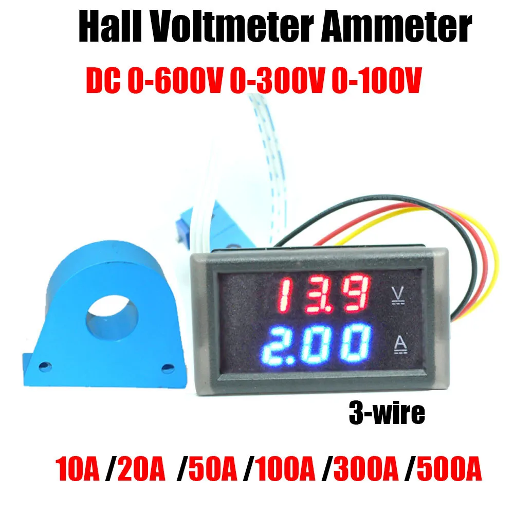 Hall Voltmeter Ammeter DC 600V 300V 100V LED Digital Voltage Current Meter 50A 100A 300A 500A Charge Discharge Battery Monitor