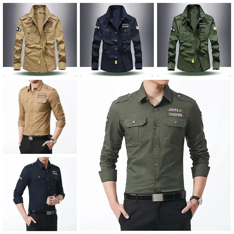 Military Shirt Men's Shirts Casual Style Clothing Cotton Long Sleeve Retro Vintage 6XL Embroidery Plus Size Green Drop Shipping