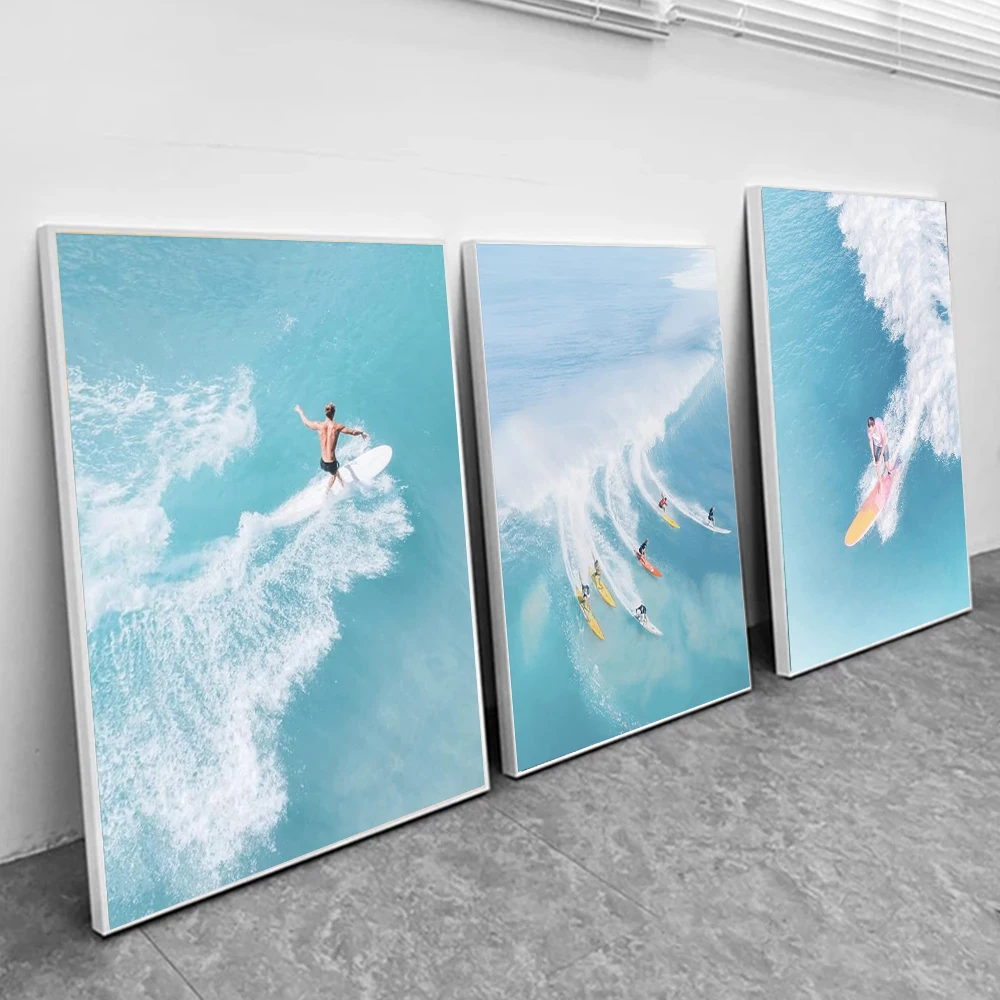 

Nordic Modern Ocean Beach Landscape Poster Prints For Living Room Home Decor Summer Surfing People Canvas Painting Wall Art