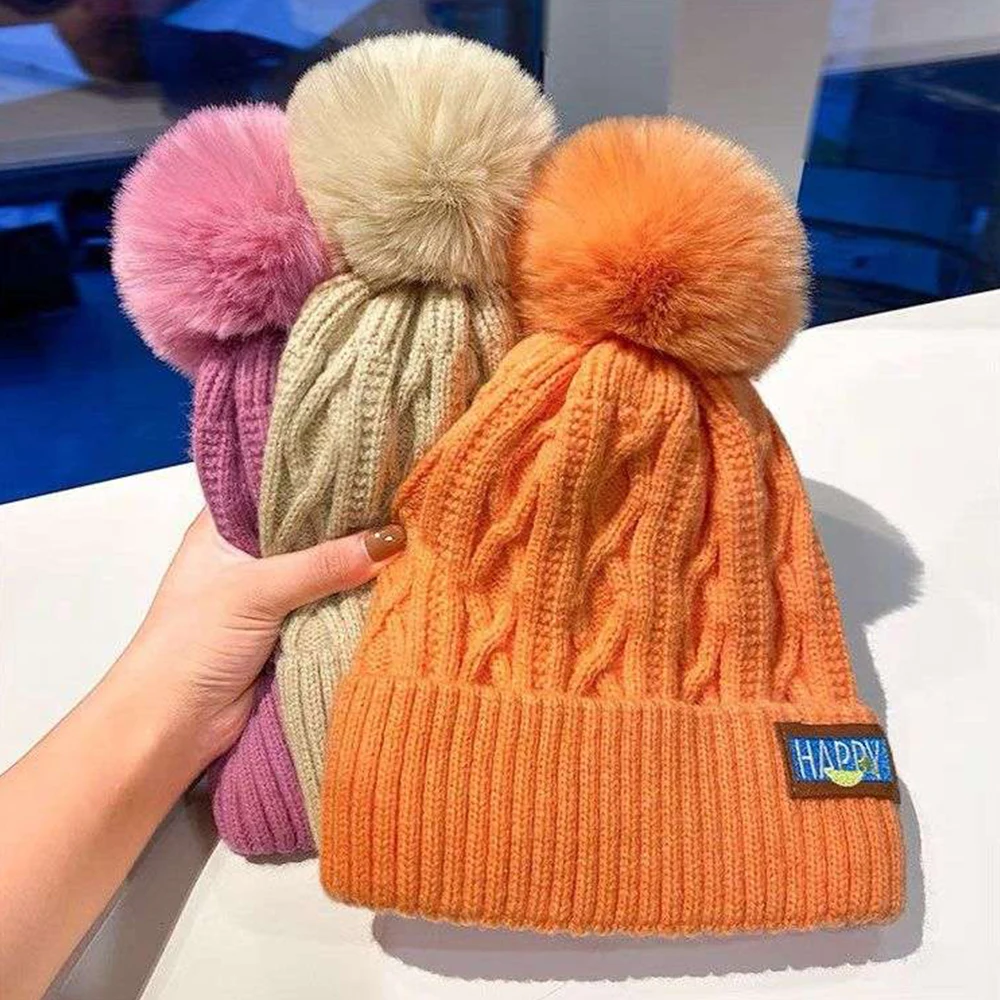 

Winter Women Plush Knitted Beanies Hat Fur Pom Thicken Fleece-lined for Women Girl's Warm Hats Outdoor Woolen Thermal Gorro Cap