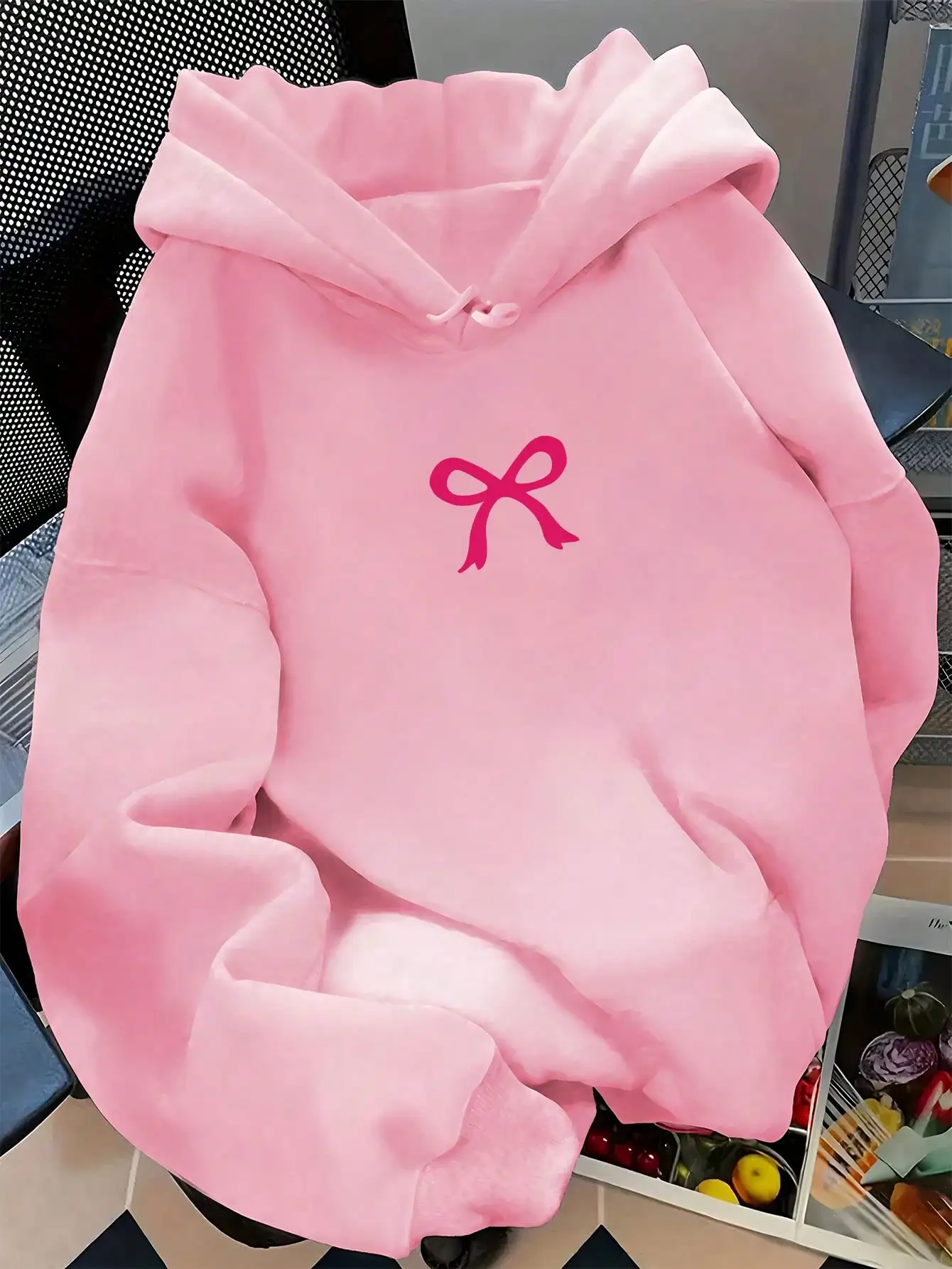 

Women's Pink Bow Print Hoodie Sweatshirt, Loose Fit, Soft Fleece, Autumn Winter Casual Wear