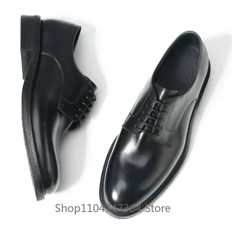 New British Business Casual Leather Shoes Men's Genuine Leather Low Top Trendy Round Toe Derby Office Wedding Dress Shoes Male