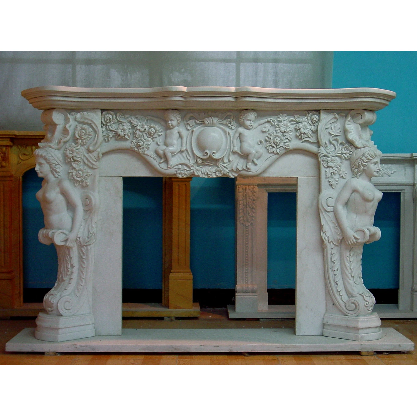 Carved Marble Fireplace Mantel Generous American Style Stove Surround With Goddess Sculpture