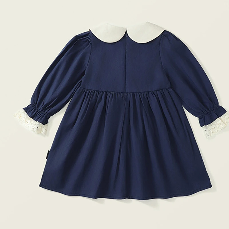 2024 Spring and Autumn Girl's Doll Collar Rabbit Embroidered Dress Korean Cute Baby Kids Long sleeved Navy Lapel Princess Dress