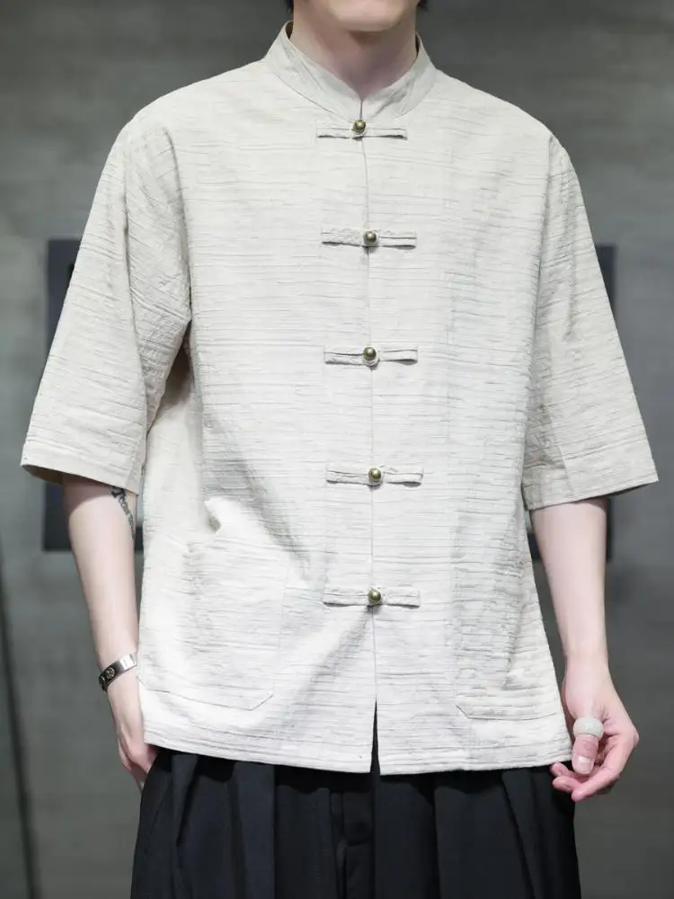 

Loose Fit Linen Cotton irt Men's ort Sve Thin New Chinese Sle Summer Breathable Casual irt Five-Quarter Sve Tan...