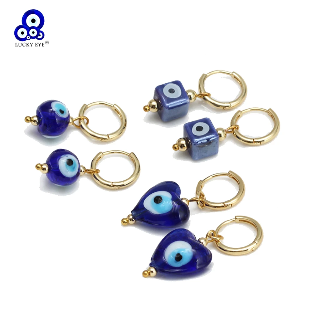 Lucky Eye Glass Ceramics Blue Evil Eye Bead Drop Earrings Heart Round Square Dangle Earrings for Women Girls Men Jewelry BE1002