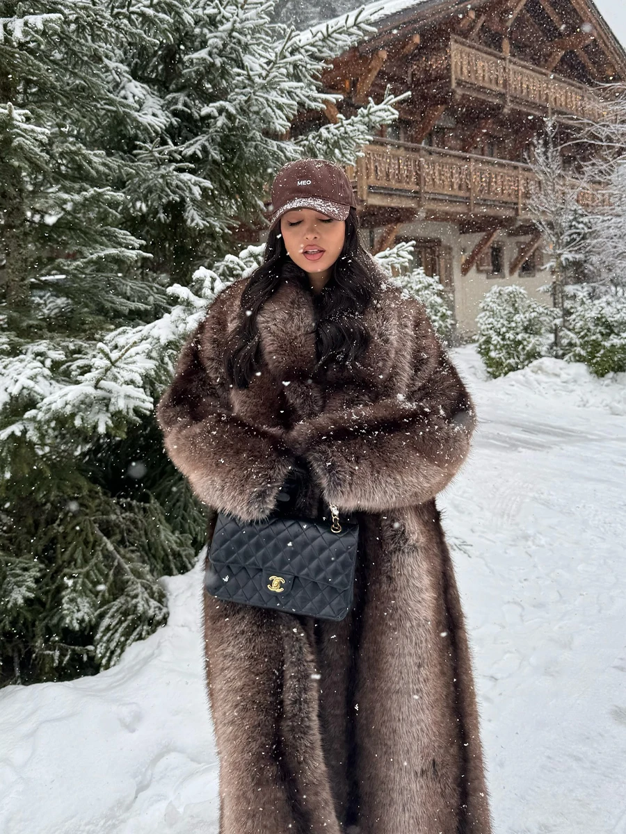 Brown Stripes Gradient Premium Faux Fur Maxi Long Coat Luxury Vintage Fluffy Lapel Collar Midi Coat Pinterest Style Slay Outfits