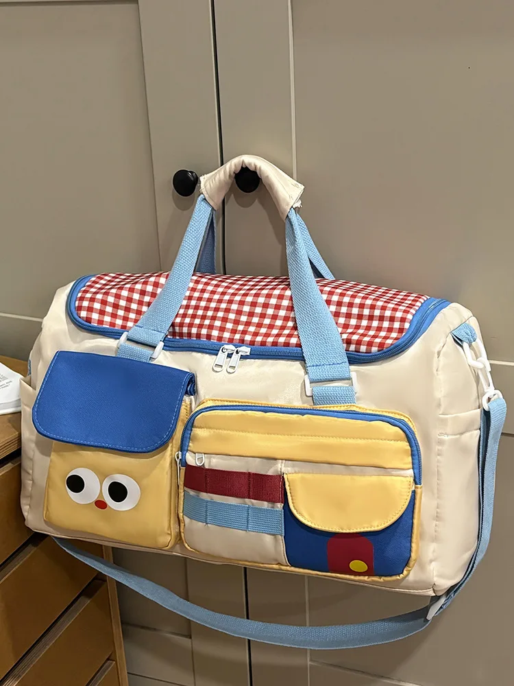 Cute Cartoon Eye Duffle Bag Color Block Large Capacity Travel Weekender Handbag Detachable Shoulder Strap Overnight Bag