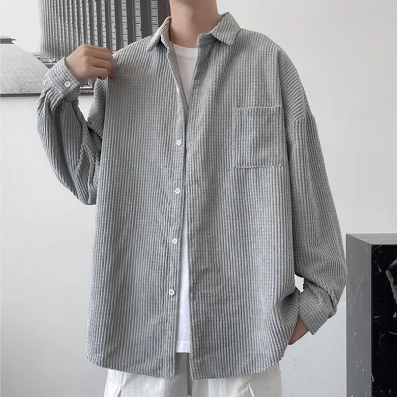 Spring Autumn Casual Vintage Corduroy Loose Blouse Man Long Sleeve Button Fashion Pocket Male Shirt All Match Streetwear Clothes