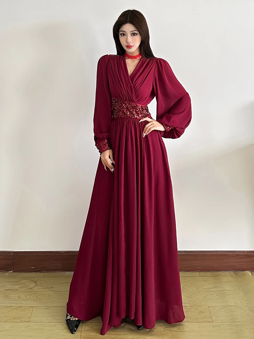 تنورة WEIRD PUSS النسائية الفنية الطويلة Sve Dr Deep V Ne تنورة التخسيس iny الترتر الخصر Cinched Faionable Dr #2