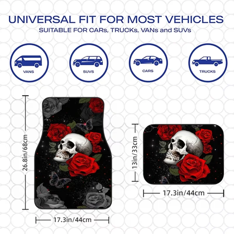 4Pcs Red Rose Skull Dark Romantic Style Pattern Car Floor Mats, Universal Car Interior Mats, Durable Polyester Fiber, Mother's Day Gift, Suitable for All Types of Cars and Suvs, Interior Decorative Mats, Wear-Resistant and Non-Slip, Special Car Floor Mats, Perfect Gift for Loved Ones and Friends, Fun Design Floor Mats, High-Quality Materials, Holiday Shoppers, Truck Owners