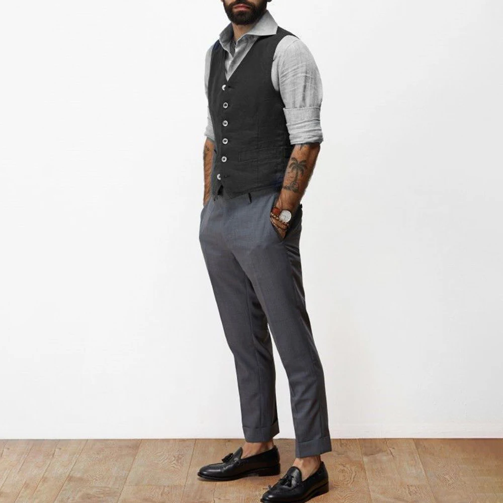 Gilets en lin de coton bleu marine pour hommes, gilet à col en V, veste de boutique, vêtements de ma