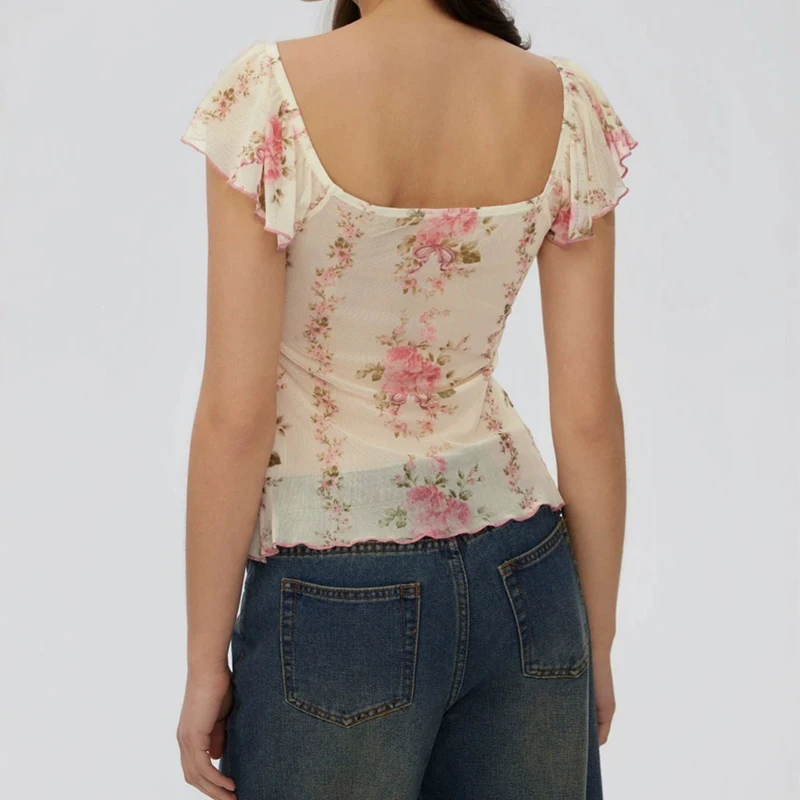 European and American Floral Top Square Collar Ruffle Sleeve Lace-up Waist Irregular Sweet Girl Short Small Shirt Y2k Style