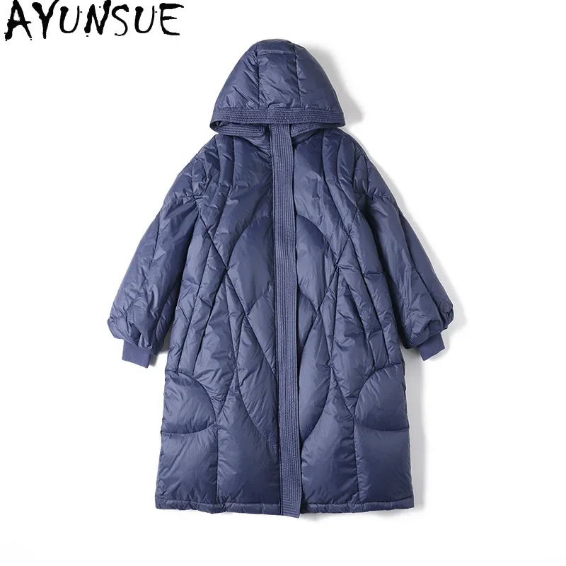 AYUNSUE White Duck Down Puffer Jacket Women with Hood 2024 Winter Long Coat Warm Down Coats Oversize Womans Clothing Пуховики