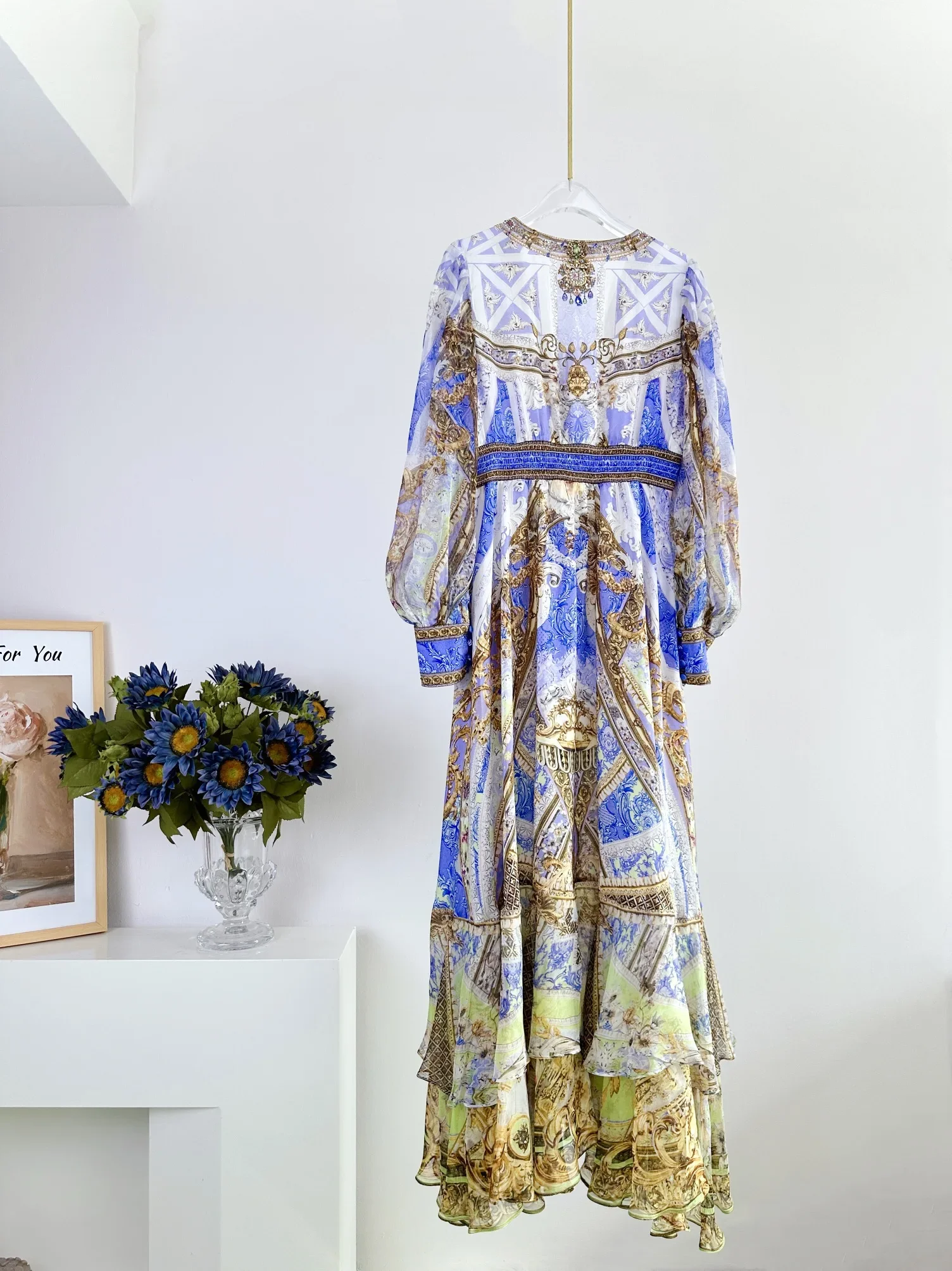 Senhoras azul impressão 100% seda maxi vestido de cristal frisado com decote em v manga longa cintura alta babados em camadas férias feminino robe