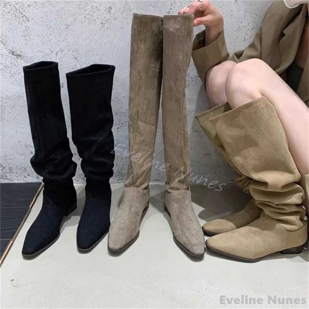 Retro Suede Pleated Rider Boots Women Pointed Toe Chunky Heel Slip On Over The Knee Boots 2025 Winter New Fashion Knee High Boot