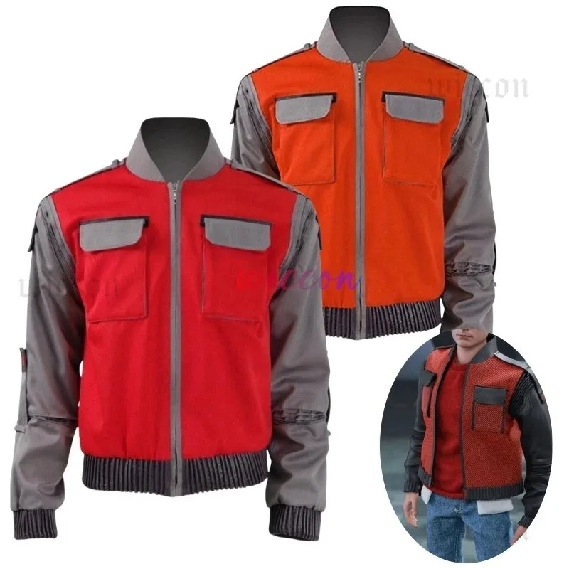 

Movie Back To Future Marty Cosplay Costume Orange Red Outwear Coat Men COS Outfit Marty Jacket Halloween Carnival Party Dress Up