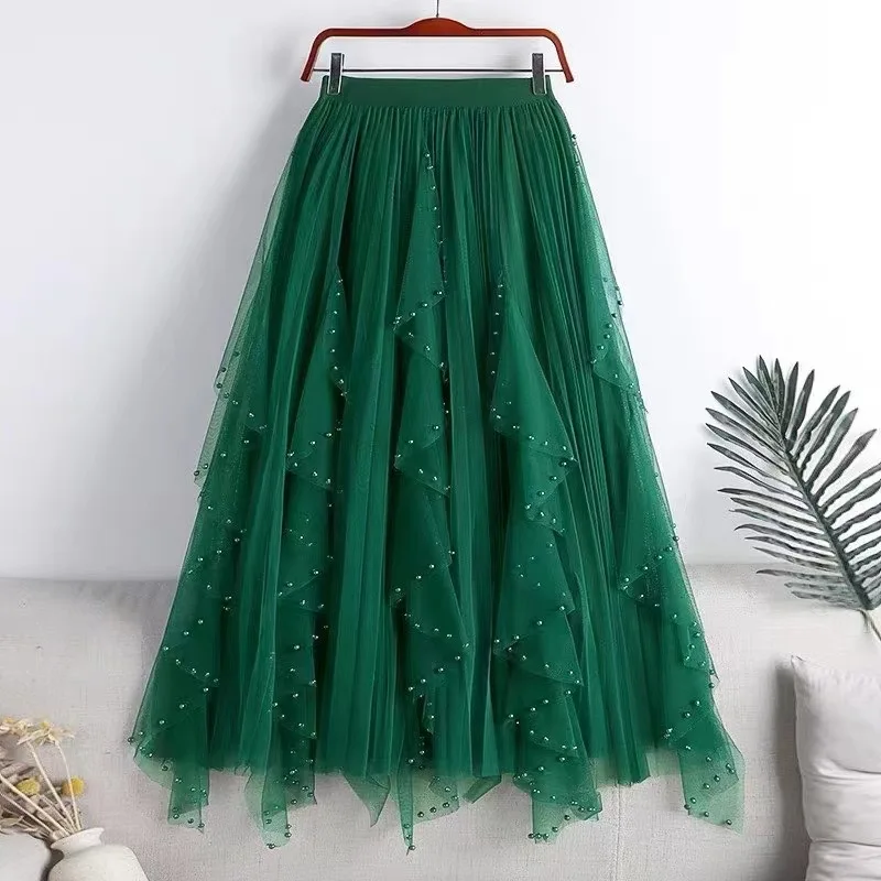 

Dingzhu Petal Mesh Skirt 2024 Spring New High Waist Slimming Mid length Skirt Large Swing A-line Yarn Skirt