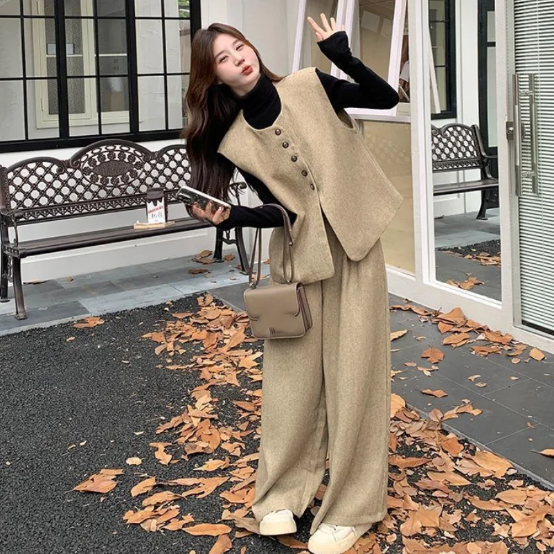 

Женский весенне-осенний жилет, топы, широкие брюки, комплект из трех предметов, женские модные пальто без рукавов, черная рубашка, брючный костюм