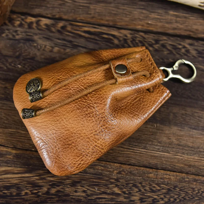 Luufan Vintage Drawstring Storage Coin Purse Genuine Leather Men Women Small Coin Wallet Money Pocket Metal Hook Key Holder Bag