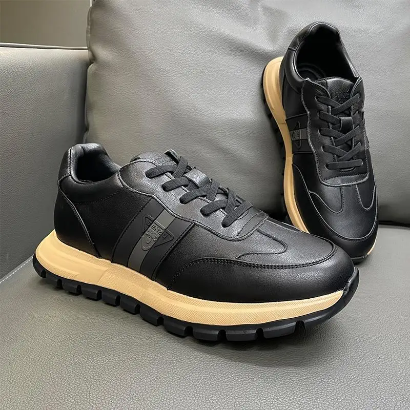 

New Fashion Men Cow Leather Casual Shoes Black Cool Sneakers Thick-soled Trainers