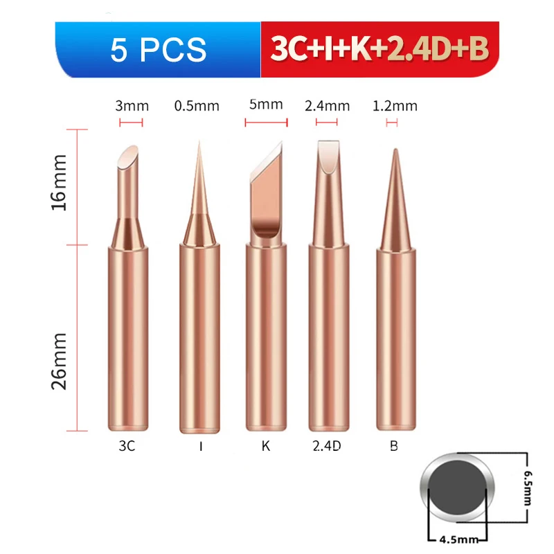 5Pcs I+B+K+2.4D+3C Soldering Iron Head Copper 900M Soldering Iron Head Set Inside Hot Bare Copper Electric Soldering Iron Tip