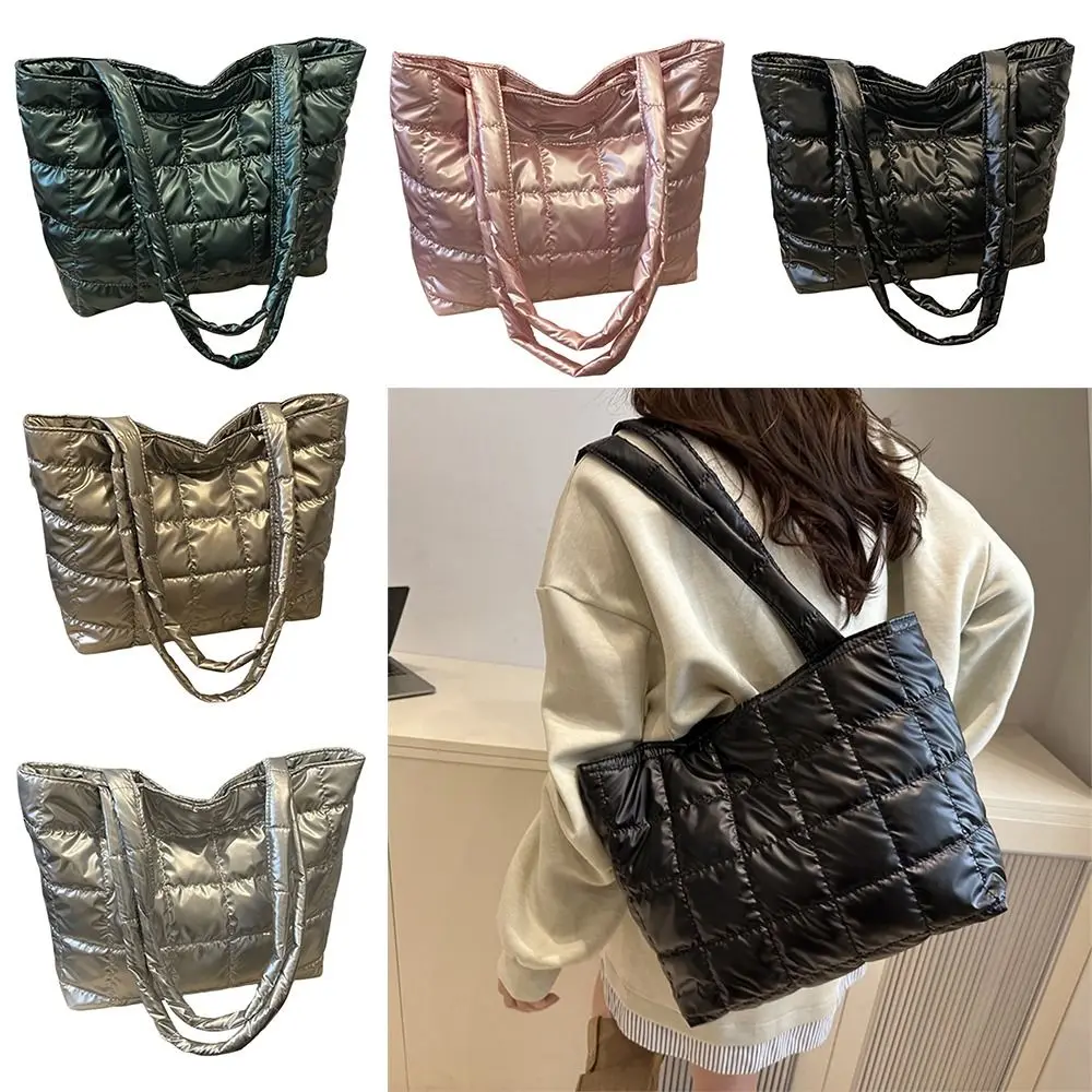 Casual Solid Color Shoulder Bags Large Capacity Down Cotton Padded Quilted Tote Bag Underarm Bags Women Girls view 5