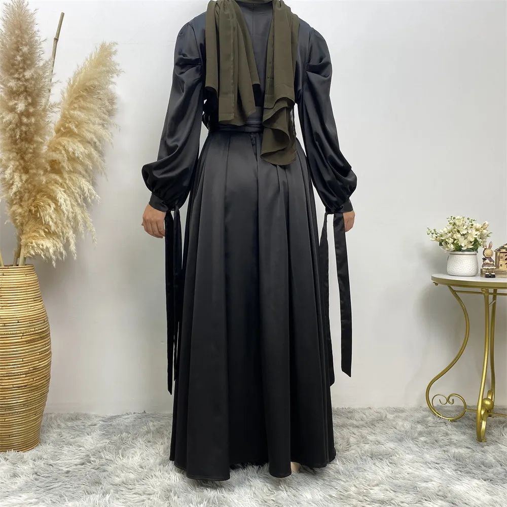 Fashion Women Satin Muslim Dress Hijab Arabic Pleated Abaya Dubai Balloon Sleeve with Ribbon Islamic Dress With belt wy1589