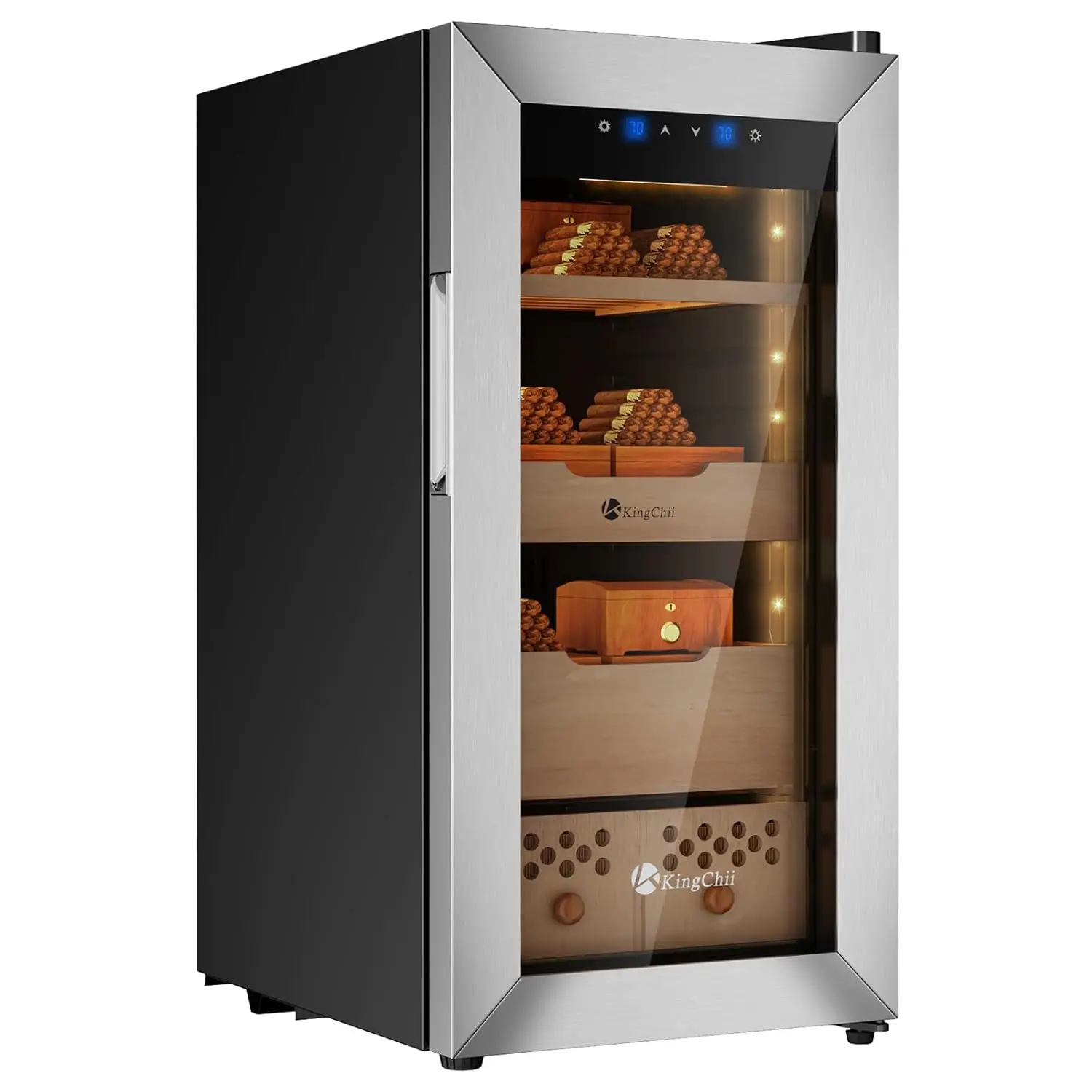 

Усовершенствованный электрический хьюмидор для сигар на 50 л, с компрессорным контролем температуры (64-72°F) ℉ Контроль температуры и влажности (60%-84%), с испанским языком, индивидуальная настройка