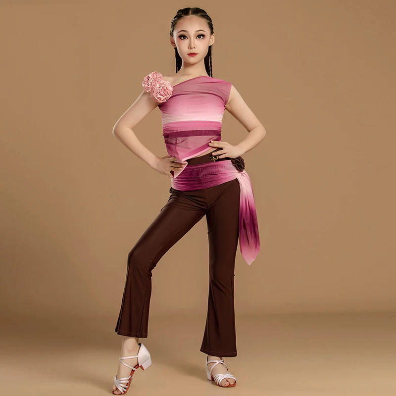 

Summer Kids Latin Dance Clothes Girls Pink Slant Shoulder Tops Pants Cha Cha Ballroom Dance Practice performance Suit BL15380